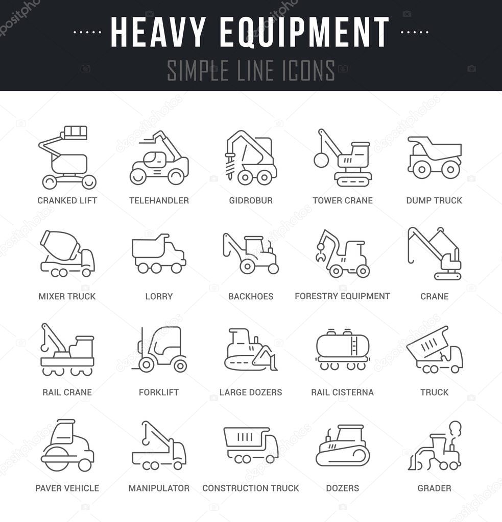 Set of outline signs and symbols of heavy equipment with names. Collection vector thin line icons and infographics elements. Simple linear pictogram pack for web graphics and apps.