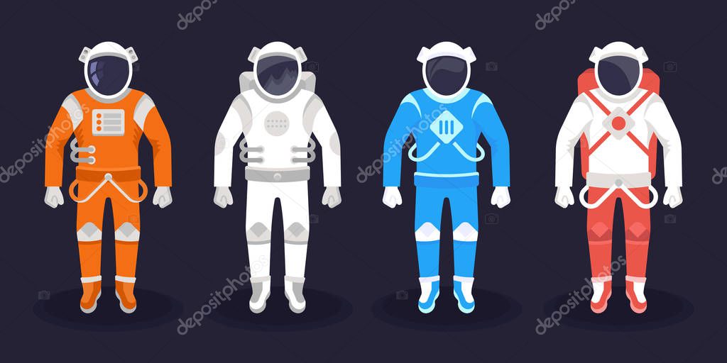 Astronaut and cosmonaut in a white, orange, blue and red spacesuit. Vector illustration on flat design.