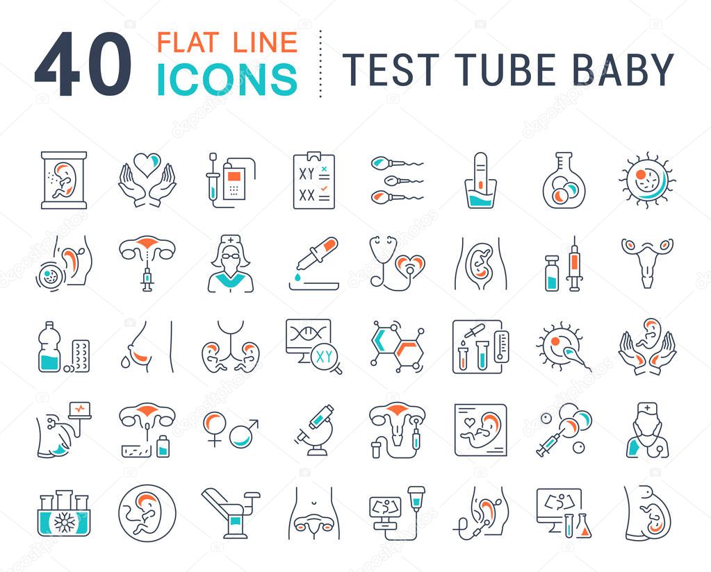 Set of vector line icons, sign and symbols with flat elements of test tube baby for modern concepts, web and apps. Collection of infographics logos and pictograms.