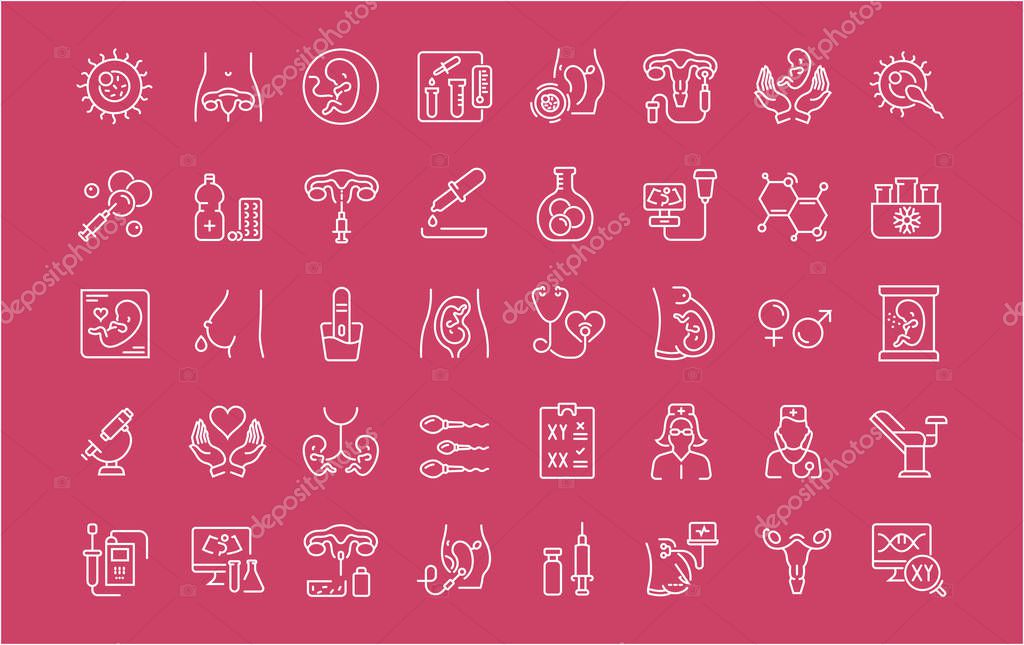 Collection of line white icons of test tube baby. Set of vector simple elements with bold outlines on a color background. Info graphics signs and pictograms.