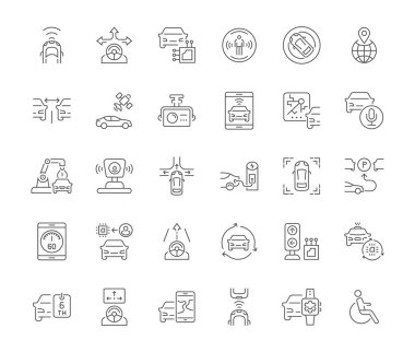 Collection of line gray icons of autonomous car. Set of vector simple concepts for creative projects and apps. Info graphics elements and pictograms. clipart