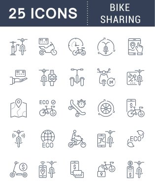 Vektör hat simgeler, işaret ve sembolleri bisiklet paylaşım modern kavramları, web ve apps için kümesi. İnfographics elemanları, logolar ve semboller koleksiyonu.