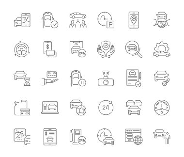 Carsharing çizgi gri simgeleri topluluğu. Vektör basit kavramları yaratıcı projeler ve apps kümesi. Bilgi grafik öğeleri ve sembollerin.