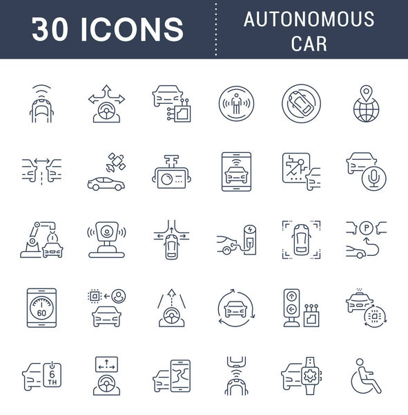 Set of vector line icons, sign and symbols of autonomous car for modern concepts, web and apps. Collection of infographics elements, logos and pictograms.