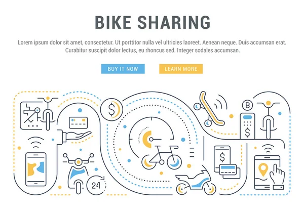 Banner Linha Compartilhamento Bicicleta Ilustração Vetorial Conceito Linear Bicicleta Moto — Vetor de Stock