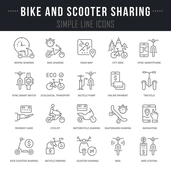 Conjunto Signos Contorno Símbolos Bicicleta Scooter Compartiendo Con Nombres Colección — Archivo Imágenes Vectoriales