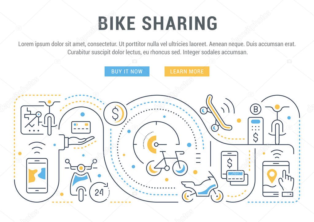 Line banner of bike sharing. Vector illustration of the linear concept of the bike, motorcycle and skateboard rent.