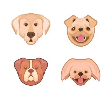 Labrador geri almak, Pekingese, Pug ve Bulldog vektör Illustration. Etiketleri ve evde beslenen hayvan dükkan, hayvan barınakları, köpek göstermek ve diğerleri için logoları.