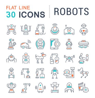 Vektör hat simgeler, işaret ve sembolleri kümesi robotlar modern kavramları, web ve apps için düz unsurları ile.