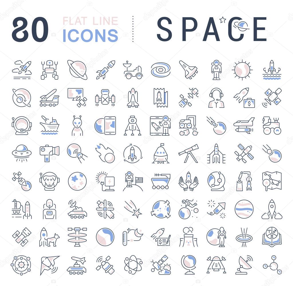 Set of vector line icons, sign and symbols with flat elements of space for modern concepts, web and apps. Collection of infographics logos and pictograms.