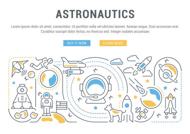 Uzay Bilimleri hat afiş. Vektör çizim alanı nesneleri astronotlar, roketler, uzay.