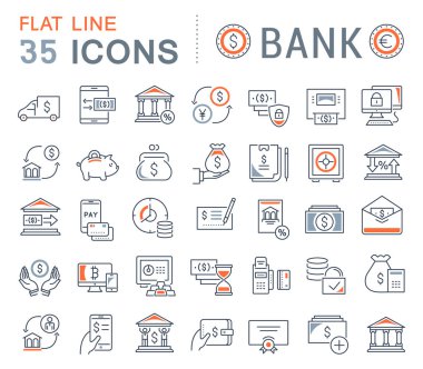 Modern kavramları, web ve apps için bankanın vektör hat simgeler kümesi.
