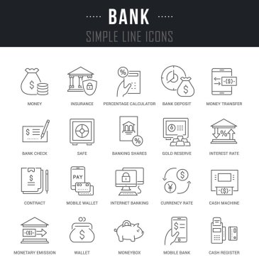 Banka isimleri ile doğrusal Icons set. 