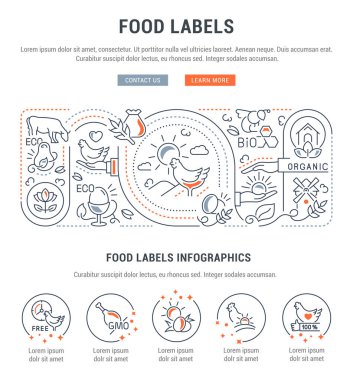 Gıda etiketleri hat afiş. Organik Gıda ve ekolojik ürünler vektör çizim.