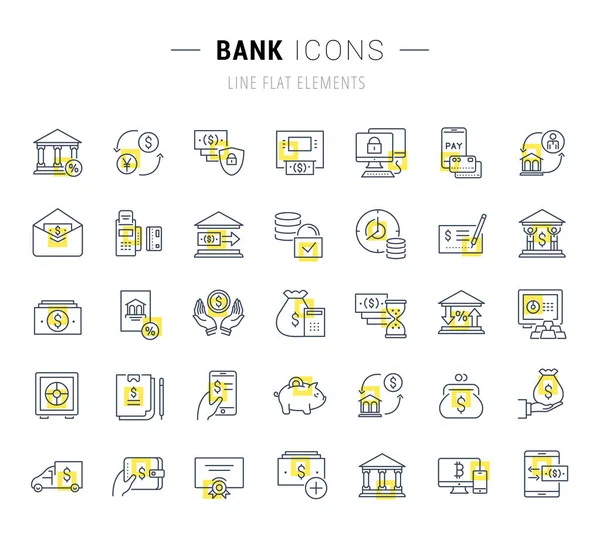 一套矢量线图标和标志与银行的黄色方块 为优秀的概念 图表徽标和象形图的集合 — 图库矢量图片