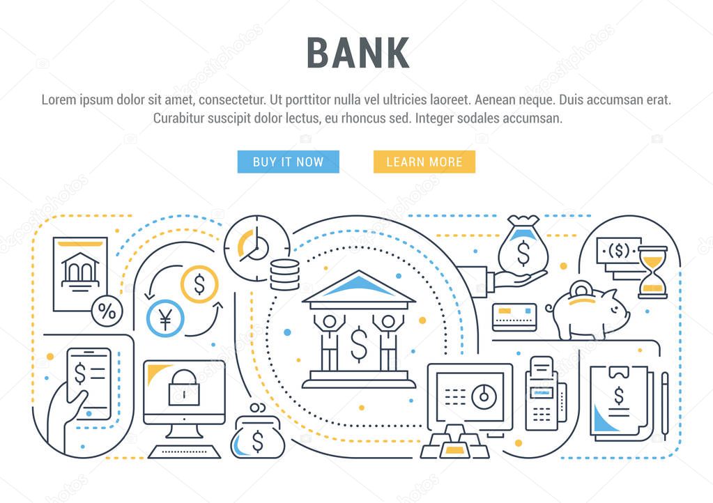 Line banner of bank. Vector illustration of the banking processes.