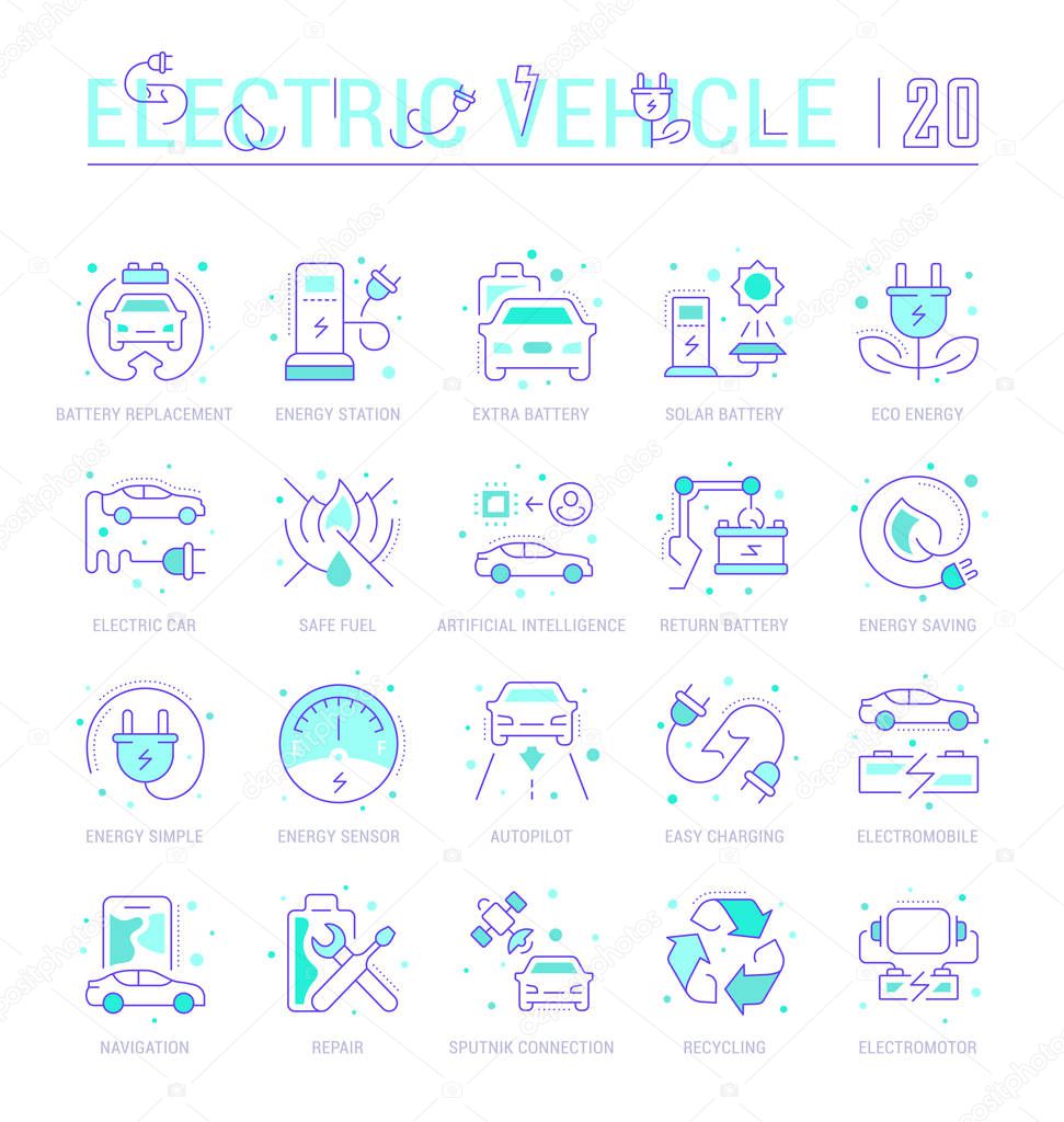Collection of vector flat icons with thin line elements of electric vehicle. Set of clean design, and outline signs. Simple linear infographics and pictograms pack for web graphics and apps.