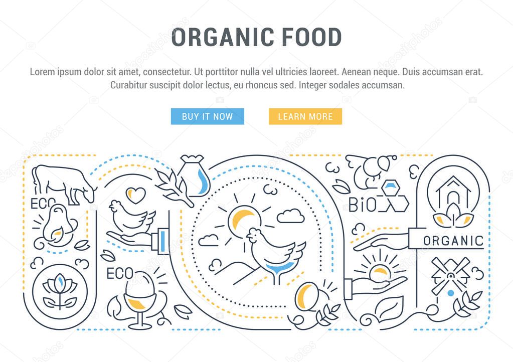 Line banner of food labels. Vector illustration of the organic food and ecological products.
