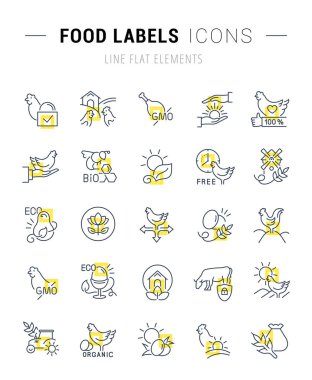 Sarı gıda etiketleri için mükemmel kavramları karelerinin kümesiyle vektör hat simgeler ve işaretleri. İnfographics logolar ve semboller koleksiyonu.