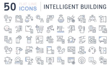 Akıllı Bina modern kavramları, web ve apps, vektör hat simgeler kümesi.