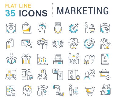 Pazarlama modern kavramları, web ve apps için vektör hat simgeler kümesi.