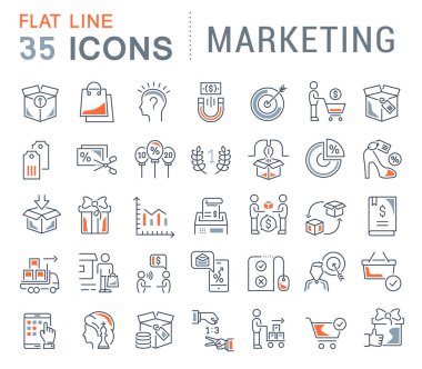 Pazarlama modern kavramları, web ve apps için vektör hat simgeler kümesi.