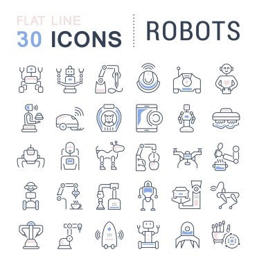 Vektör hat simgeler, işaret ve sembolleri kümesi robotlar modern kavramları, web ve apps için düz unsurları ile.