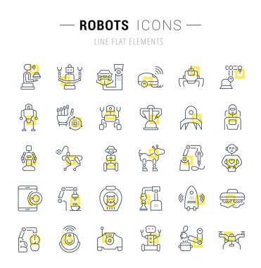 Robotlar mükemmel kavramları için sarı kareler ile vektör hat simgeler ve işaretler kümesi. İnfographics logolar ve semboller koleksiyonu.