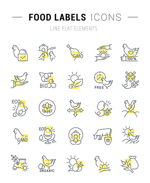 Set Von Vektorzeilensymbolen Und Schildern Mit Gelben Quadraten Von Lebensmitteletiketten — Stockvektor