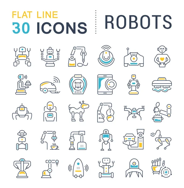 Набір Векторних Ліній Піктограм Знаків Символів Плоскими Елементами Роботів Сучасних — стоковий вектор