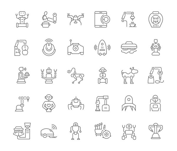 Коллекция строк серых икон роботов. Набор векторных простых концепций для творческих проектов и приложений
.