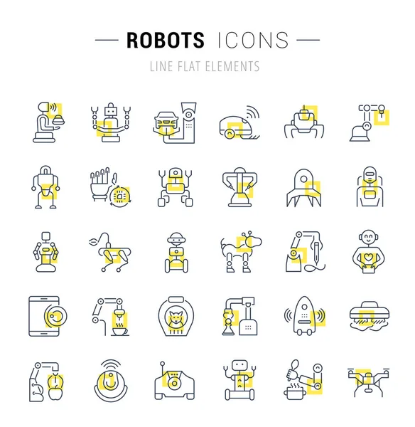 Conjunto Iconos Línea Vectorial Signos Con Cuadrados Amarillos Robots Para — Archivo Imágenes Vectoriales