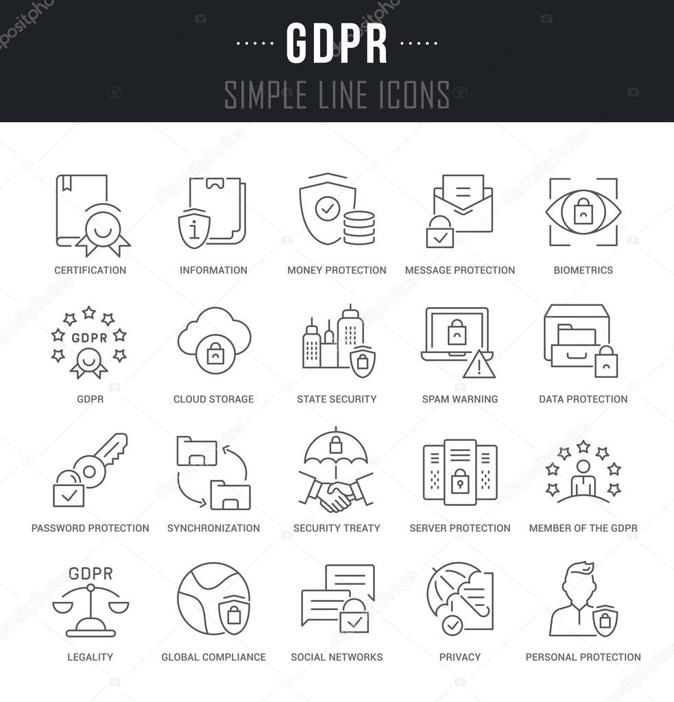 Set of linear icons of gdpr with names.