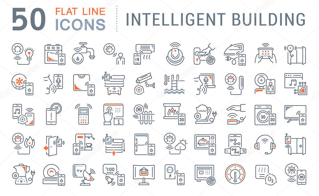 Set of vector line icons of intelligent building for modern concepts, web and apps.