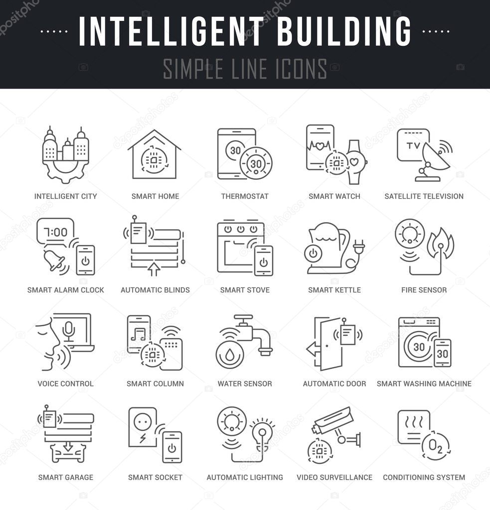 Set of linear icons of intelligent building with names.