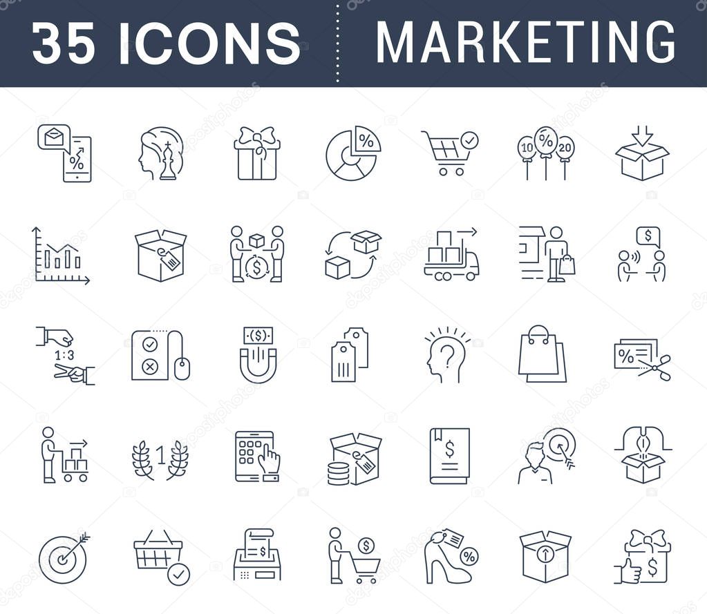 Set of vector line icons of marketing for modern concepts, web and apps. Collection of infographics elements, logos and pictograms.