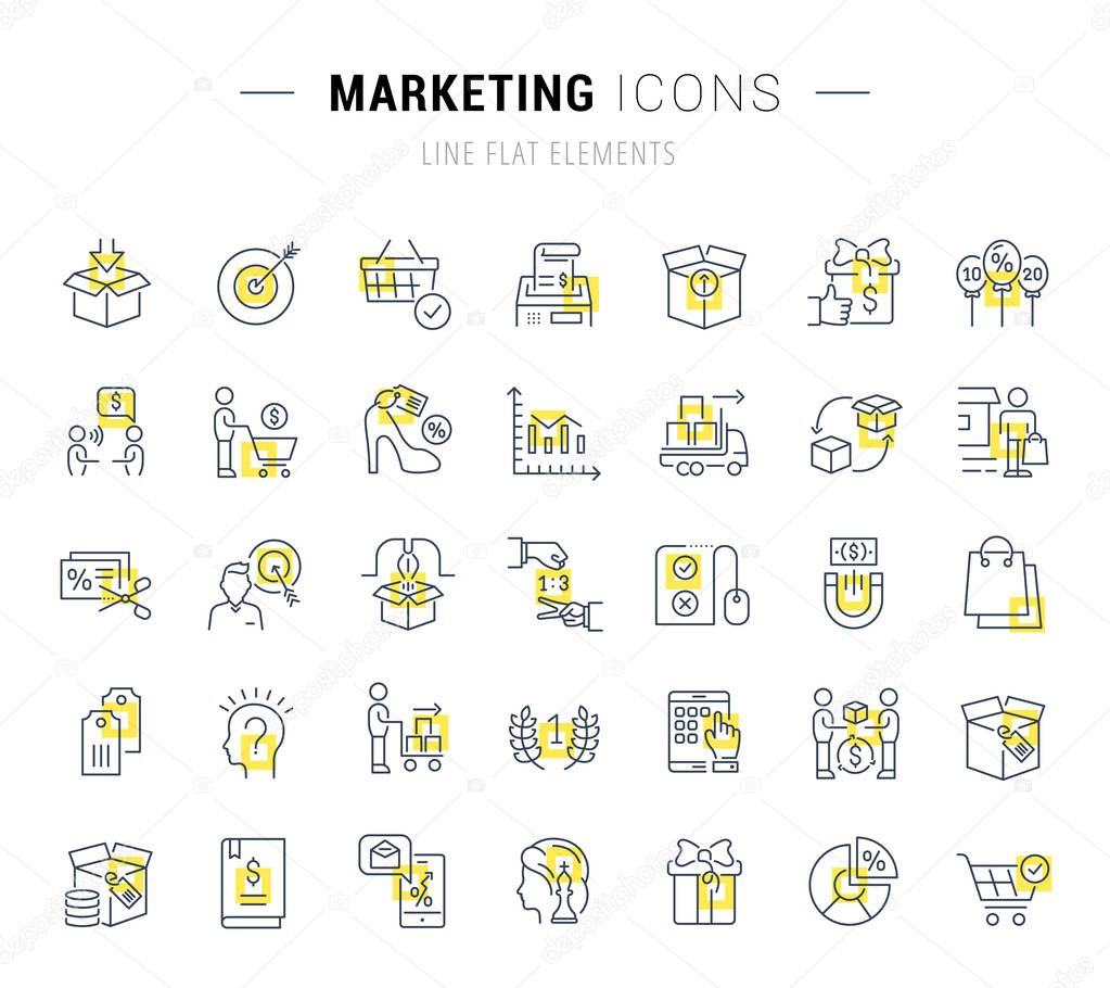 Set of vector line icons and signs with yellow squares of marketing for excellent concepts. Collection of infographics logos and pictograms.