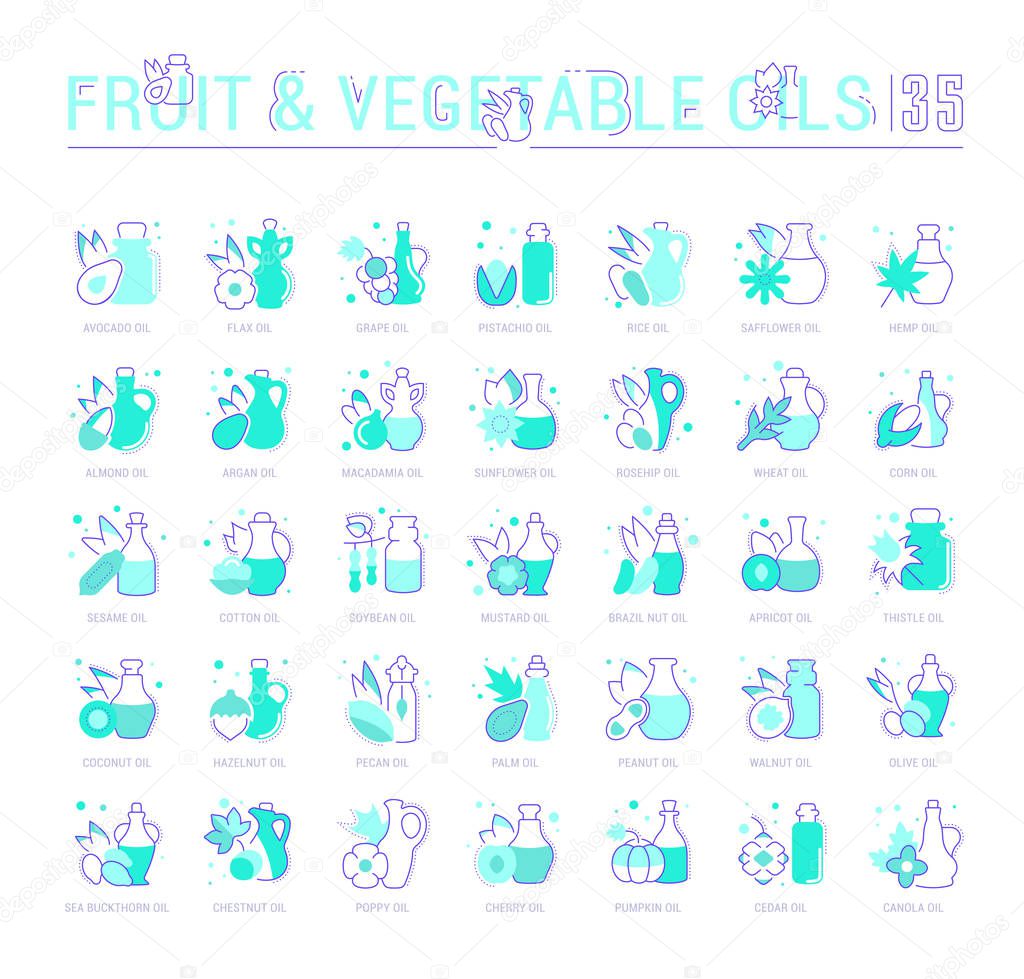 Collection of vector flat icons with thin line elements of oils. Set of clean design, and outline signs. Simple linear infographics and pictograms pack for web graphics and apps.
