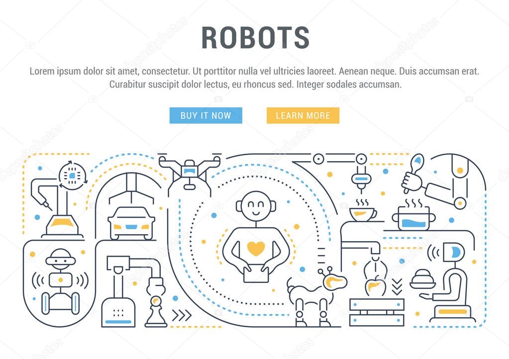 Line banner of robots. Vector illustration of new technologies.