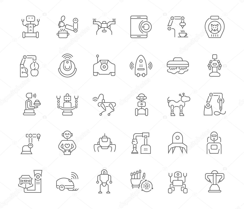 Collection of line gray icons of robots. Set of vector simple concepts for creative projects and apps.