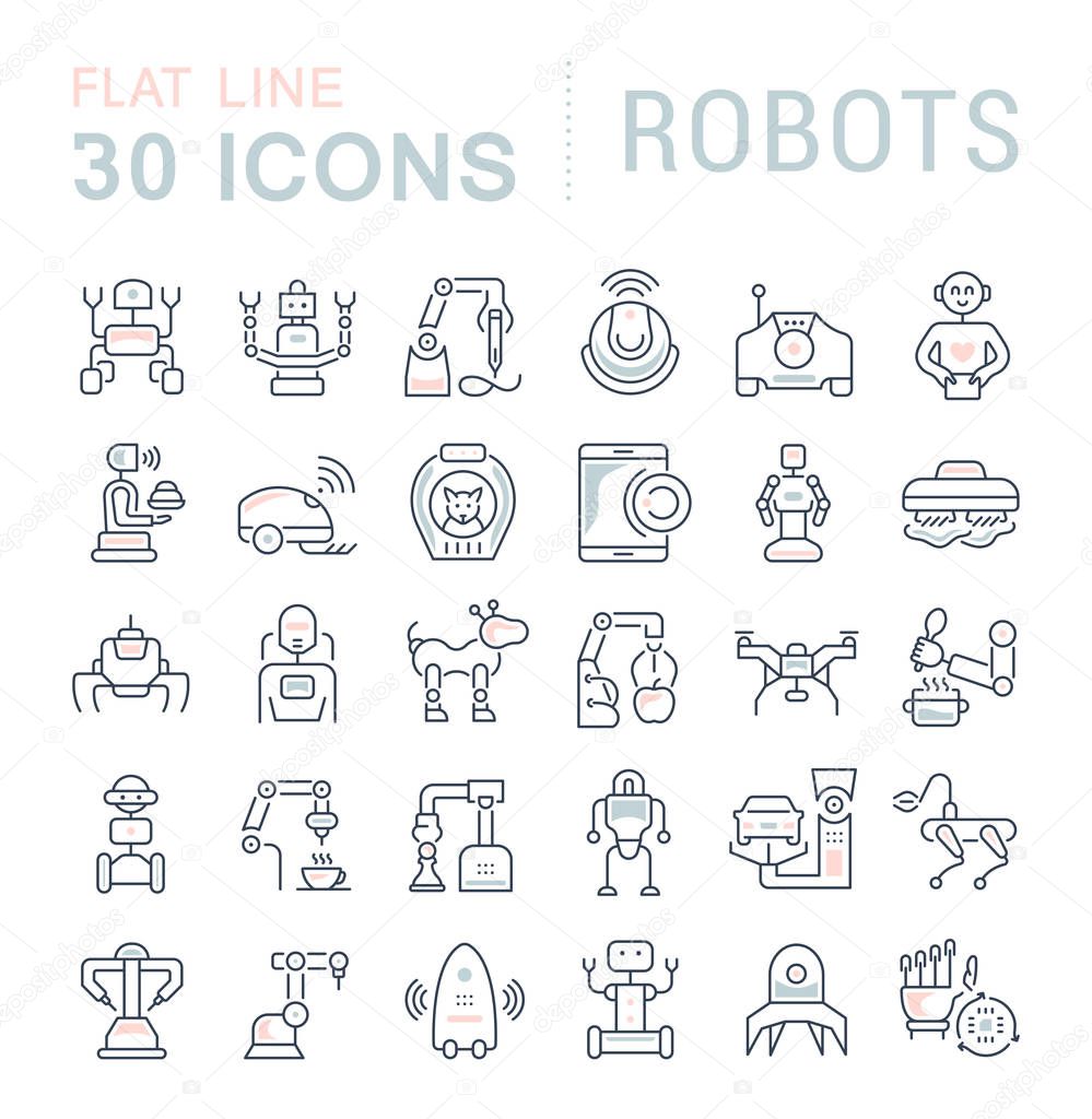 Set of vector line icons, sign and symbols with flat elements of robots for modern concepts, web and apps.