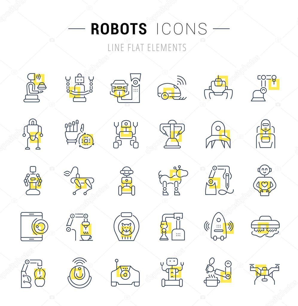 Set of vector line icons and signs with yellow squares of robots for excellent concepts. Collection of infographics logos and pictograms.