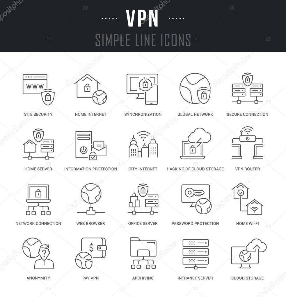 Set of linear icons of VPN with names.