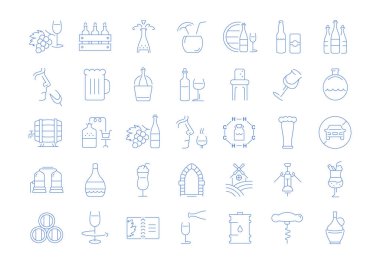 Telefon kavramları ve web uygulamaları için öğeleri ile düz tasarımında alkollü içecekler vektör hat Icons set. Koleksiyon modern Infographic logo ve piktogram.