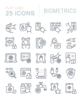 Biyometri modern kavramları, web ve apps, vektör hat simgeler kümesi.
