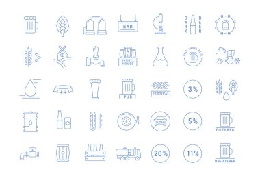 Vektör hat simgeler öğeleri telefon kavramları ve web apps ile açık yol bira, şişe, bardak, kupa ve pub logolu ayarlayın. Koleksiyon modern Infographic logo ve piktogram.