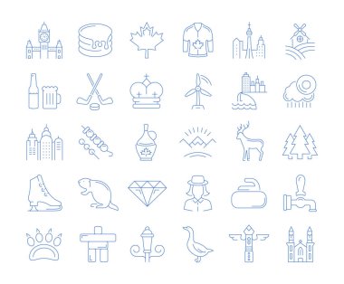 Düz tasarım Kanada, Kuzey Amerika ve mimari elemanları telefon kavramları ve web apps ile vektör hat Icons set. Koleksiyon modern Infographic logo ve piktogram.