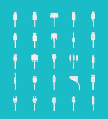 Collection of icons and signs of connectors and cables. Set of jacks for electric power, mobile devices, computers, tv, tablets and game consoles. clipart