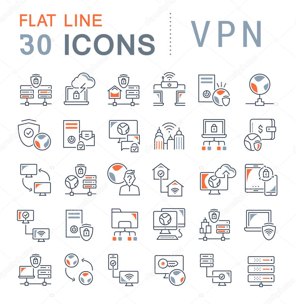 Set of vector line icons of vpn for modern concepts, web and apps.