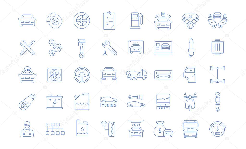 Set vector line icons with open path car service, auto repair and transport with elements for mobile concepts and web apps. Collection modern infographic logo and pictogram.
